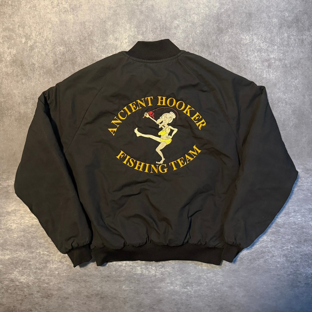 Vintage Poplins Ancient Hooker Fishing Team Bomber Jacket Mens Large Black USA